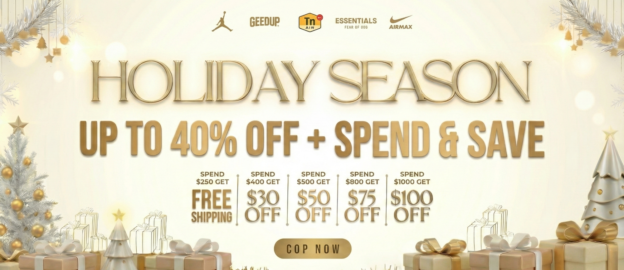 Promotional banner for holiday season sales with discounts and free shipping offer.