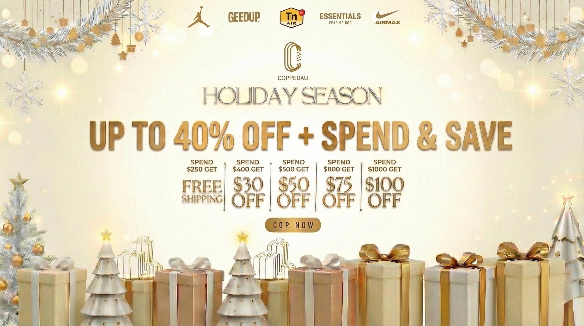 Promotional banner for a holiday season sale with gift boxes and Christmas trees.