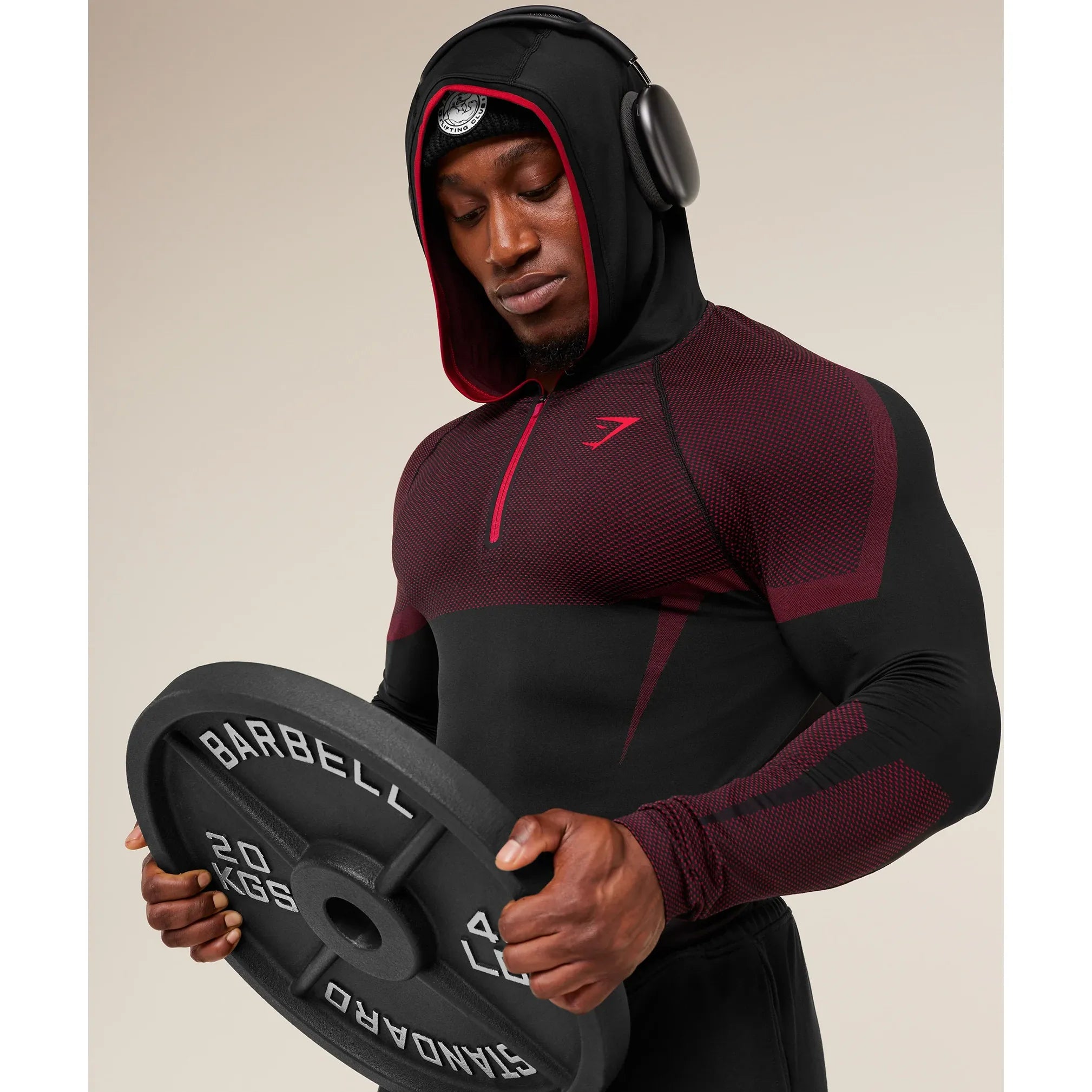 GymShark Onyx 5.0 Seamless Hoodie Black/Carmine Red